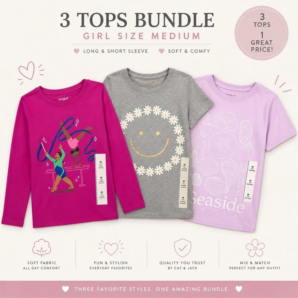 Cat &‎ Jack Girls 3 Tops Bundle T-Shirts Magenta Gray Lavender Size Medium 8 NWT